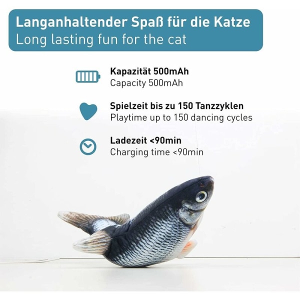 Interaktiv elektronisk fiskleksak för katter - Mjuk elektrisk leksak, påfyllningsbar kattmyntapåse - Tvättbar plysch, 3 hastigheter, USB-kabel - Stimulerande jaktlek