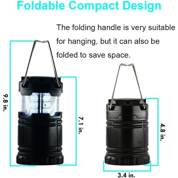Fällbar LED Campinglampa 2 stycken Bärbar Campinglykta Vattentät IPX5 Ficklampa för Utomhusbelysning Camping, Vandring, Trädgård, Fiske, etc.
