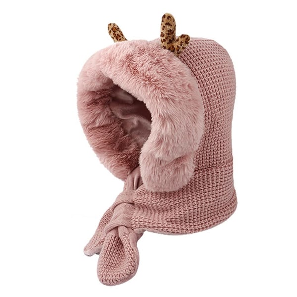 Kvinders varm vinterhue, 2 i 1 varm plys vinterhue med tørklæde øreværne, gevirhue strikket vinterhue tørklædesæt varm plyshue med hætte Pink