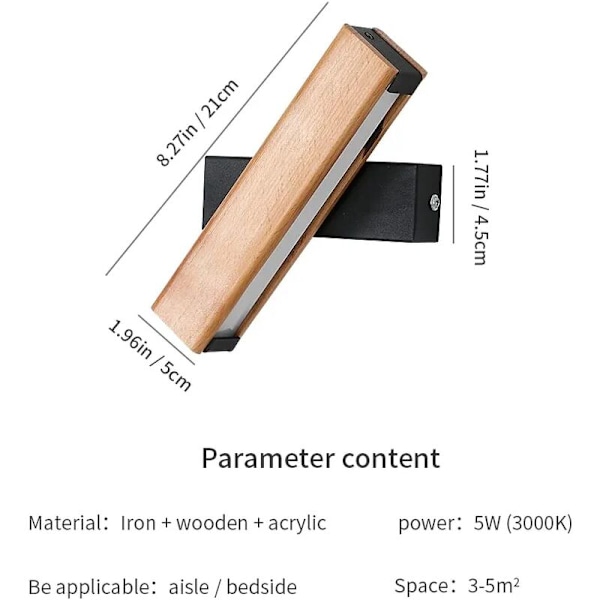 LED Vegglampe, 4W 400LM Innendørs Vegglampe i Tre 360° Rotterbar, 3000K Varmt Hvit Vegglampe for Soverom, Stue, Kontor, Gang, Dia 21CM [Ene