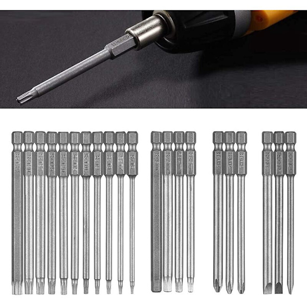 Torx skruvmejselbits, 21 Torx skruvmejslar (100 mm), långa T6-T40 bits med magnetisk, 1/4 tum sexkant