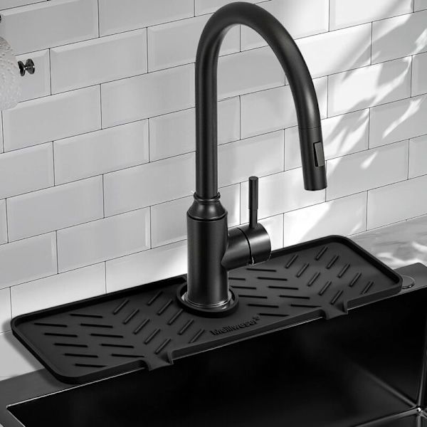 Gen 2 Silikonkranbeskytter - Oppgradert Vannfangermatte for Utløp og Helling - 18\" x 5.2\" - Vaskesvamp Holder for Kjøkken, Bad
