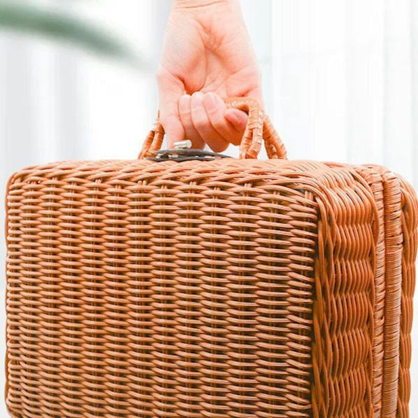 Retro Imitation Rattan Picknickkorg Väv Resväska Handvävd Fotografi Rekvisita Förvaring Dekoration Brun