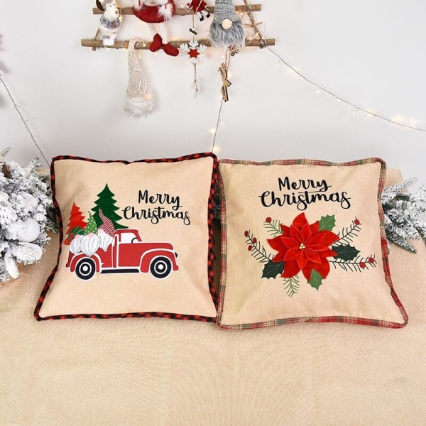 2 st Serie Den Röda Bilen med Julblomma Linne Heminredning Örngott Kuddfodral