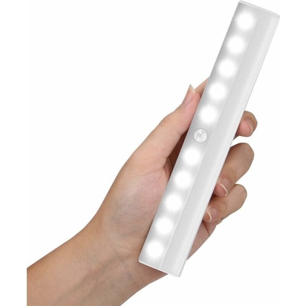 10 LED trådløs innendørs bevegelsessensor lyslist med 3 magnetiske klistremerker for skap, trapper, automatisk på/av, varmt hvitt lys