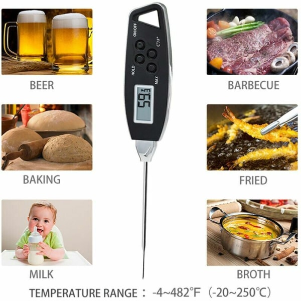 Køkkenmad Termometer, Vandtæt Madnål Termometer BBQ Hurtig Temperaturmåling, Sort
