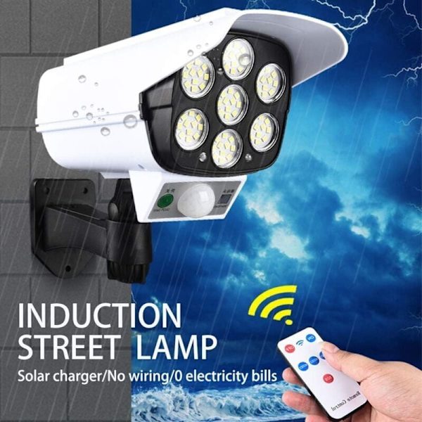 77 LED Solcellslampa Utomhus, Simulerad Övervakningslampa, Säkerhetslampa med Rörelsesensor, Solcellslampa på Vägg, Falska Övervakningskameror