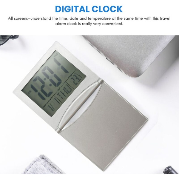 Mini resealarmklocka, hopfällbar digital LCD-skärm skrivbordsklockor med snooze-bakgrundsbelysning temperatur datum timer 12/24 timmar