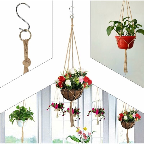3-vånings Hängande Växt, Jutehängare för Blomkruka Macrame Växt med Nyckelring för Inomhus Utomhus Dekoration - DENUOTOP