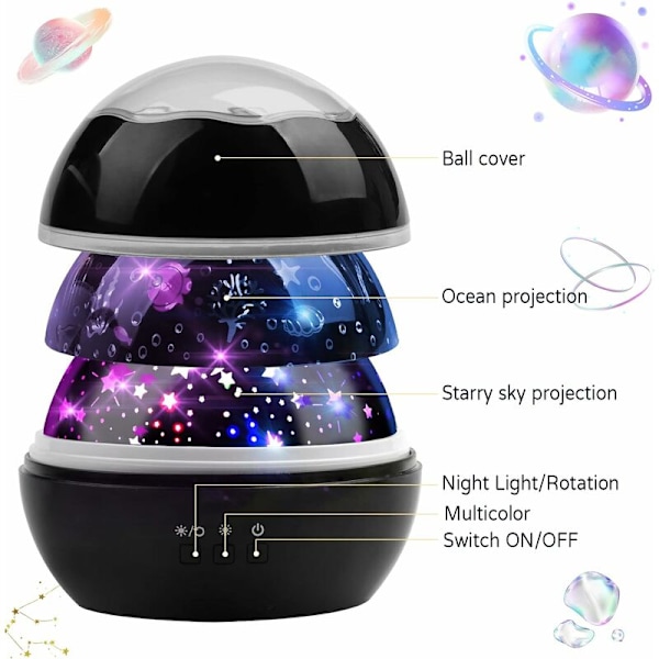 Barne nattlys stjerne og havlys projeksjon 360° rotasjon projektorlampe 8 fargemoduser for soverom bursdagsfest julegaveidé, svart