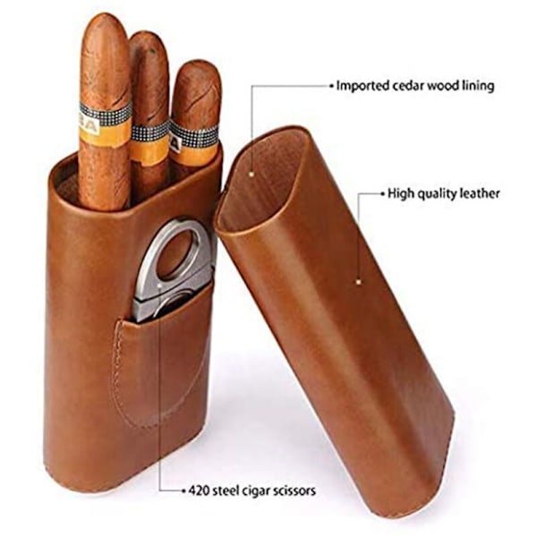 3X Högkvalitativ 3-Fingers Bärbar Cigarrhumidifier Läderfodral Brun Cigarr med Cigarrklippare