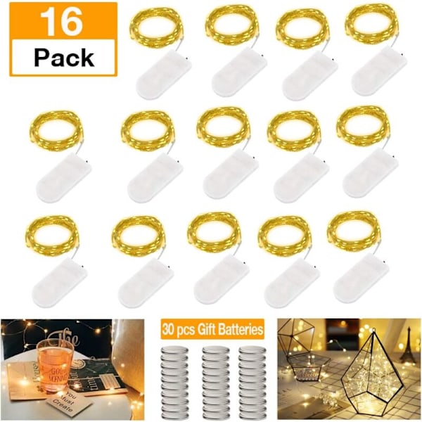 Paket med 15 LED-vinflaskelampor med batterier, 20 LED 2 M Koppartråd med korkljus Koppartråd för DIY-dekoration