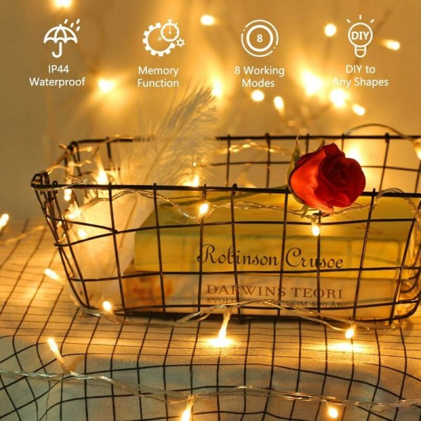 Julelys, 10M 100 LED utendørs elektriske lyslenker 8 moduser vanntette fe-lys for hjem innendørs fest bryllupsvindu dekorasjon, varm hvit-Fei Yu