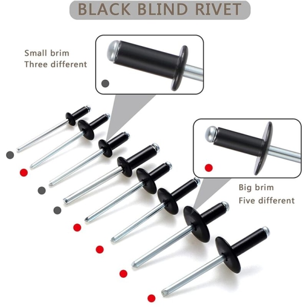 200 stk 8-18 mm metall 3,2-4,8 sorte nagler standard blinde huller og flensverktøy