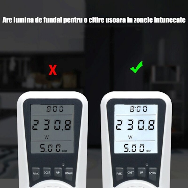Digital Mätaruttag, 230V, 16A, 3680W, Överbelastningsskydd, Digital Display, Vit