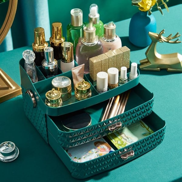Makeup Organizer til Kosmetisk Opbevaringsboks Stor Kapacitet Desktop Kosmetisk Polsk Makeup Skuffebeholder-Grøn