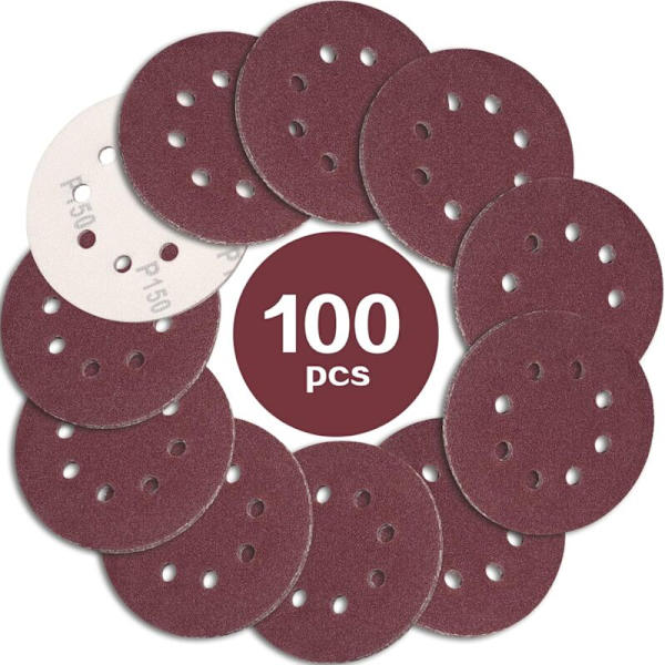 100 stk. Slibeskiver 125mm Korn 150, Sandpapir Slibeskiver 8 Huller Ideel til Slibning/Polering til Excentrisk Slibemaskine