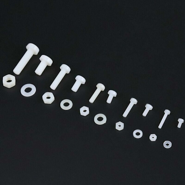 150 stk eske sett med skruer bolter muttere muttere skiver assortert sett hvitt nylon M2 M2.5 M3 M4 M5