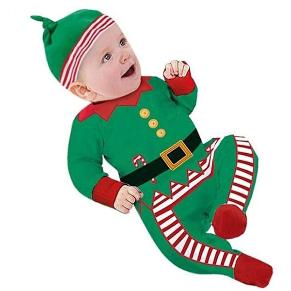 Pojk flickor jumpsuit romper juldräkt kläder set med hatt grön 100 cm