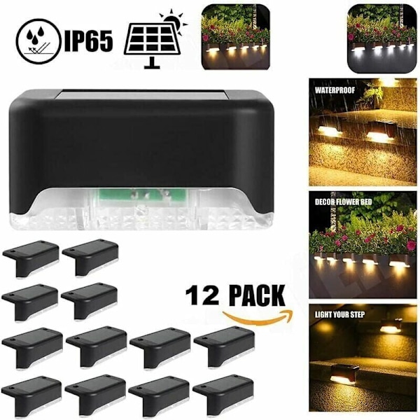 Vanntett solcelledrevet gjerdelys, solcelledrevet terrasselys, trappelys, IP65 LED solcelledrevet hagebelysning for terrasse, gjerde og trapper (varmt lys - svart, 12 stk).
