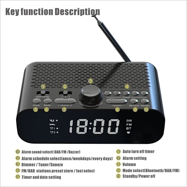 Digital väckarklocka DAB/FM-radio, stödjer Bluetooth-anslutning, med basmembran, högupplöst LED-display