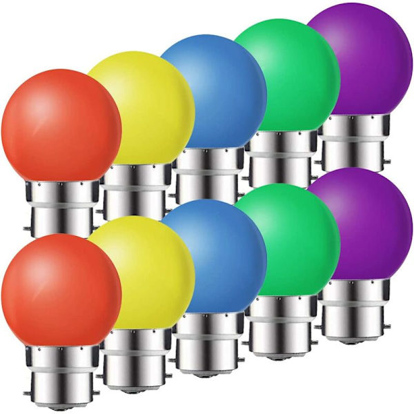 Paket med 10 B22 2W LED-lampor, Färgade Energisnåla Glödlampor, Julbelysning, Girlanglampor Röd, Gul, Blå, Grön, Lila