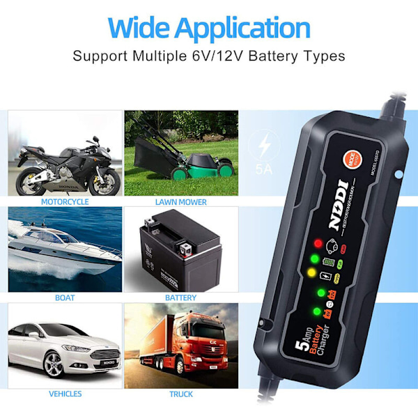 5A intelligent automatisk oplader, 6V og 12V batterioplader, batterivedligeholdelse, drypladning og desulfator med temperaturkompensation