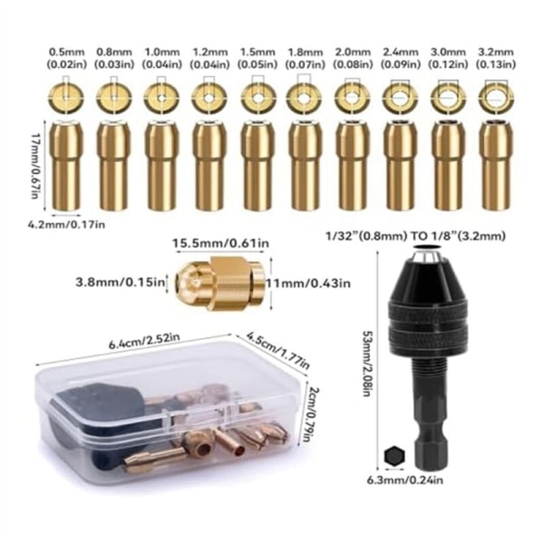 12 stk. Drill Chuck-adaptere, 4486 Drill Chuck, 4485 Collets, Messing Endre Chuck Heads, Nøkkelfri Drill Chuck med eske