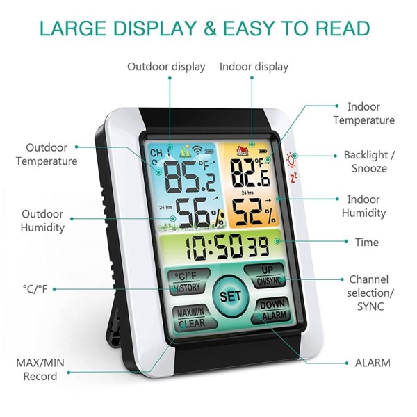 Digital inomhus- och utomhustermometer hygrometer temperaturmätare med tid, temperatur- och fuktighetssensor