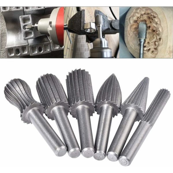 6pcs Tungsten Rotary Burr Set Double Cut 6mm Tungsten Shank Filing/Engraving/Grinding Bits for Rotary Tools