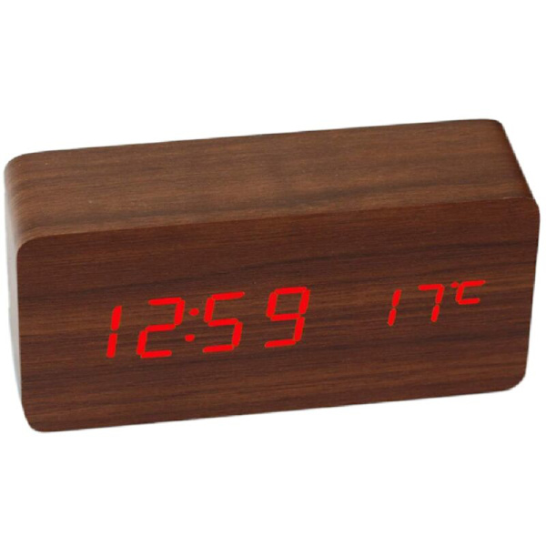 Kvadratisk träbordsur LED digital display väckarklocka temperaturdisplay klocka för sovrumsdekoration klocka brun