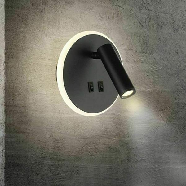 Sengelamper Led Vægslampe Hotel Indendørs Lys Vægmounted Sengelampe Gang med Afbryder Sort 3W + 9W (Rund)