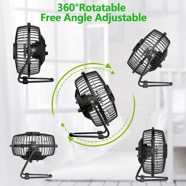 Mini USB-fläkt, 360 graders rotation, 14,5 cm kraftfull bärbar tyst fläkt, metallbordfläkt för kontor, hem, sovrum, bil, USB-driven (svart)