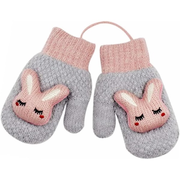 Unisex børns varme vinterhandsker, søde kaninmønster strikkede handsker med halsrem, varme plys handsker med fuld finger, skihandsker