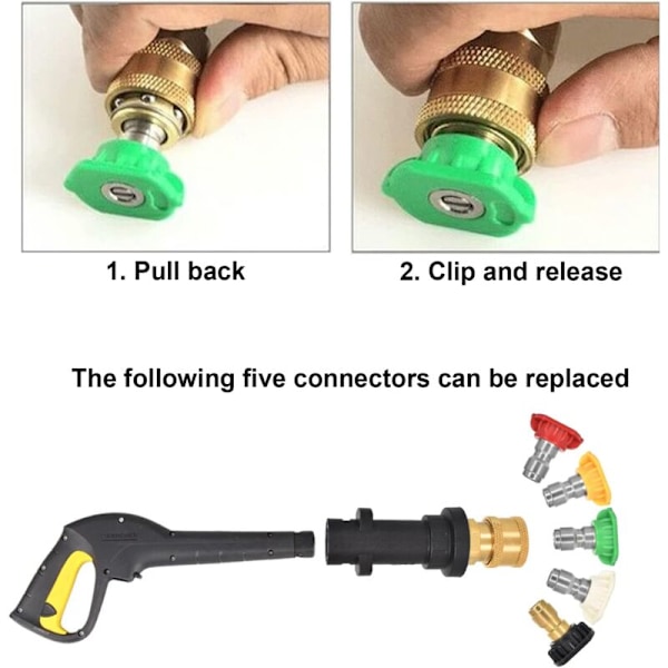 Painepesurin sovitin, 1/4 pikaliitäntä yhteensopiva Karcher K2-K7:n kanssa, 5 kpl monikulmaisia suutinkärkiä, painepesurin lisävarusteet