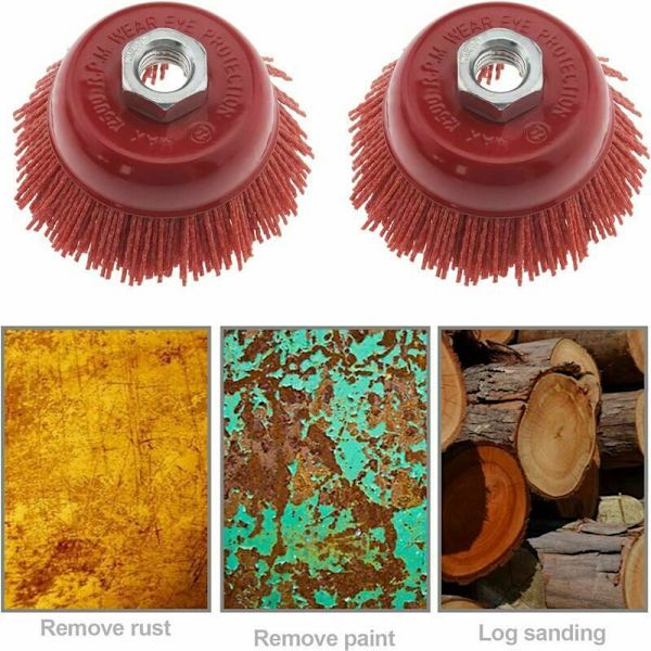 Nylon Filament Slibe Stål Børsten Kop Indvendig Gevind M14x2, 75mm Rød (2 stk)