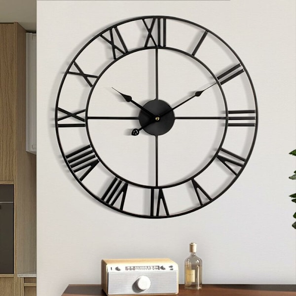 Väggklocka för vardagsrumsinredning, batteridriven 40 cm (svart) Retro romerska siffror stor modern rund tyst metallväggklocka för vardagsrum sovrum