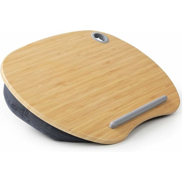 Bærbar PC-stativ med pute og bambusplattform på seng og sofa, knepult med kabelhull og sklisikker stripe, for PC, nettbrett opptil 15,6\"