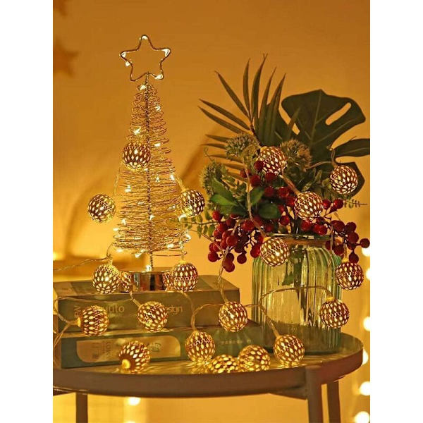 Marokkansk LED-lysguirlande - 2 meter - 10 varme hvide LED'er - Gylden orientalisk dekoration - Lyskugleguirlande - Juledekoration, Have, Fødselsdag