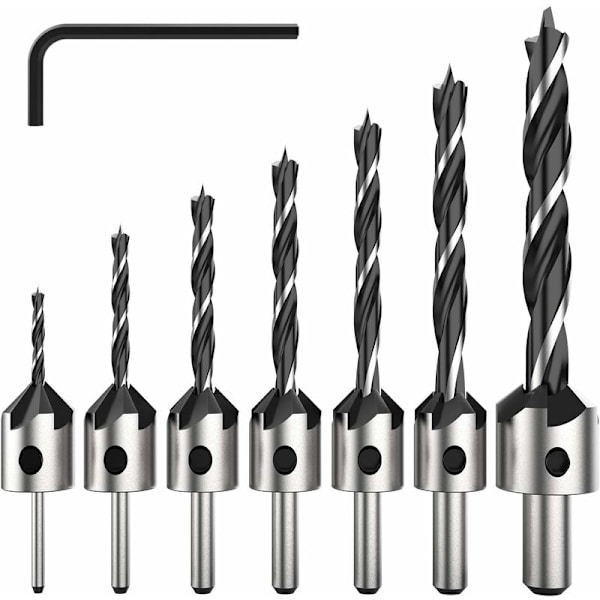 7-delad HSS 5-flöjtsborrset med sänkslip för träskruv, fasning för olika skruvlängder genom enkel lossning och åtdragning av skruven, 3-6 mm set