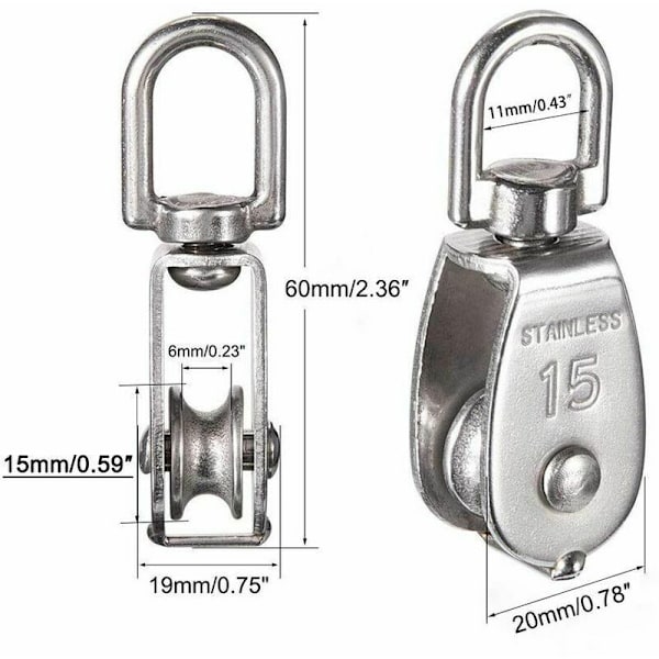 M15 Enkelt remskive 304 rustfrit stål, 15MM Enkelt remskiver rulleblok, Kran drejelig krog Glat stålwire kabel Belastning 77lbs/35Kg (12 stk)