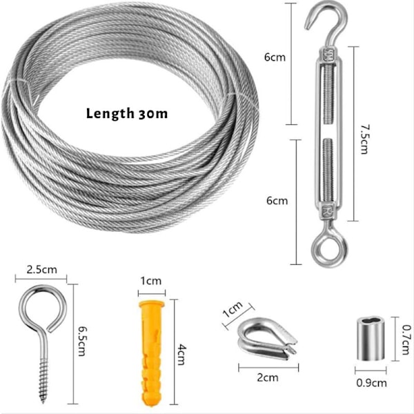 Rustfritt ståltau for oppheng, 30 meter sett Rustfritt ståltau, 304 Rustfritt ståltrådtausett med strammer og kroker