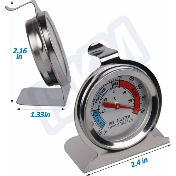 Kjøleskapstermometer med stor rustfritt stål-skive, hengekrok og innfellbar holder - 1 pakning