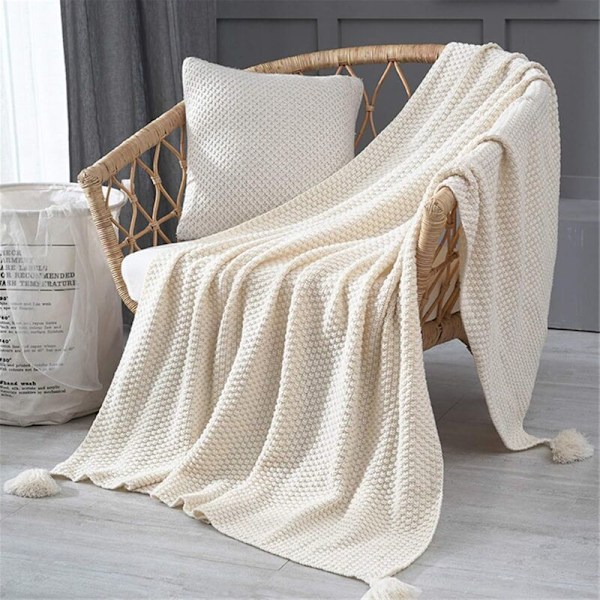 Nordisk Håndstrikket Tæppe, Modetæppe, til Sofa, Seng og Som Tæppe, Beige, 120X150Cm