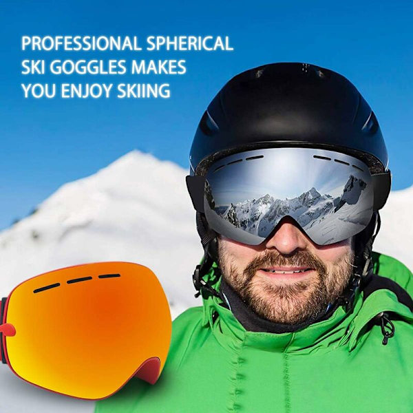 Ski- og snowboardbriller for menn og kvinner med sfærisk linse, dobbelt lag, OTG, anti-dugg, vindtett, UV400-beskyttelse, skibriller, EVA-brilleetui (gull)