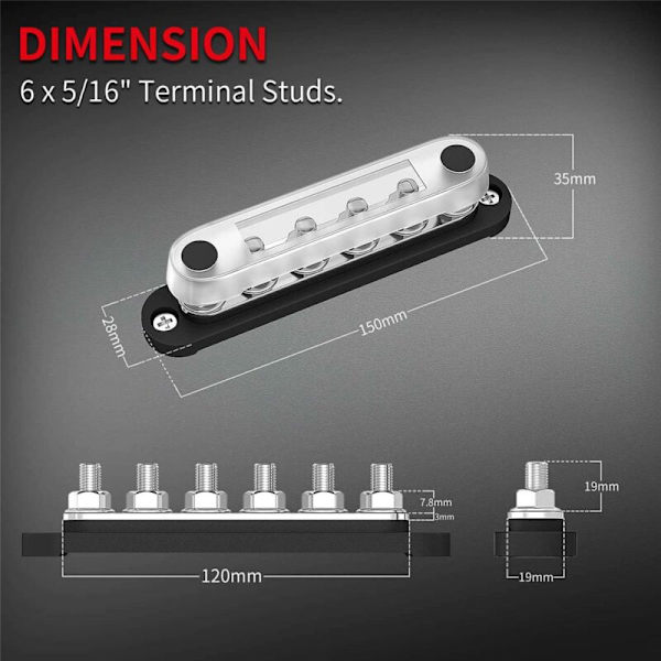 2X 12V 6X5/16 Tommer (M8) Samleskinne Terminalbolte Strømfordelingsblok Volt med Batteridæksel V-48 til Bil
