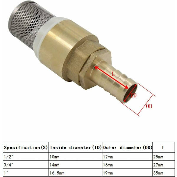 Tilbageslagsventil med si 1/2 3/4 1 tommer med fatning 12 16 19mm - fodventil tilbageslagsventil si (1/2 tommer gevind + 12mm rørforbindelser)