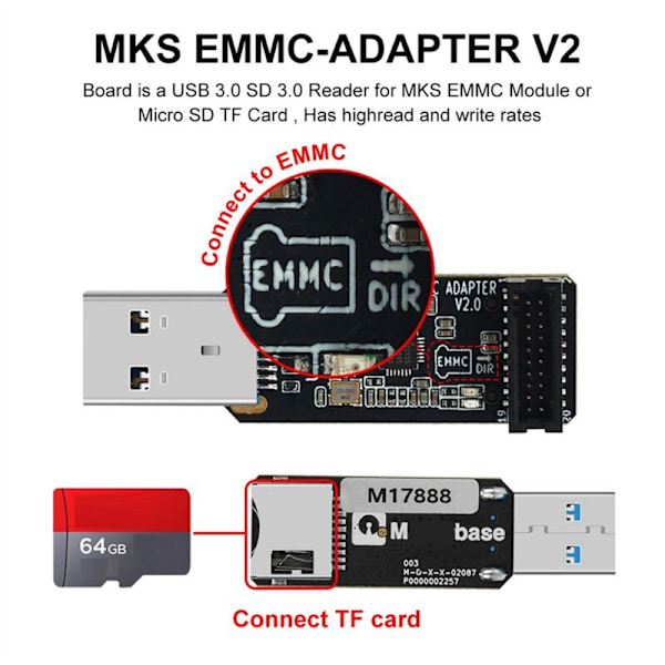 MKS EmmC-ADAPTER V2 USB 3.0 kortinlukija EmmC Micro-SD TF Pi SKIPR-moduulille