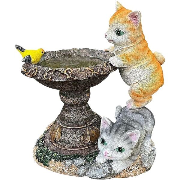 Garden Statues Bird Bath Figurine Solar Powered Resin Cats Bird Fish Sculpture, Outdoor Garden Figurines for Patio, Lawn