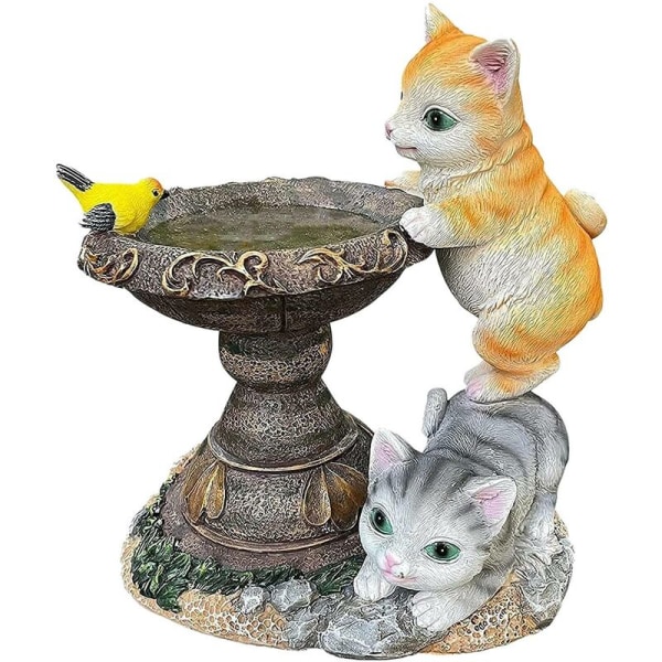Trädgårdsstatyer Fågelbad Figur Solcells Resin Katter Fågel Fisk Skulptur, Utomhus Trädgårdsfigurer för Uteplats, Gräsmatta